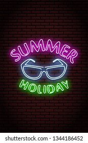 Neon sign. Sunglasses and an inscription on a brick wall background. Isolated