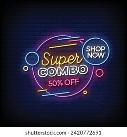 Neon Sign super combo with brick wall background vector