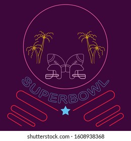 Neon sign of Superbowl celebration with palms and football equipments inside a circle, isolated in magenta background