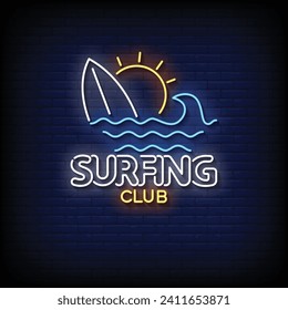 Neon Sign surfing club with brick wall background vector