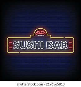 Neon Sign sushi bar with Brick Wall Background vector