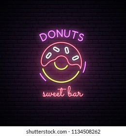 Neon sign of Sweet Donuts. Neon cafe emblem, bright banner. Advertising design. Night light signboard. Vector illustration.