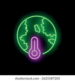 Neon sign symbolizing global warming with a cracked earth and a thermometer