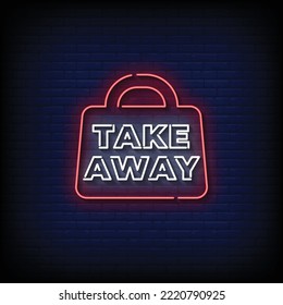 Neon Sign take away with brick wall background vector