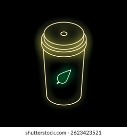 Neon sign of a takeaway cup with a leaf logo glowing on a black background