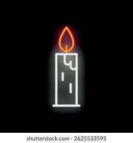Neon sign of a tall, melting candle burning brightly with an orange flame on a black background