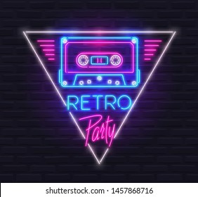 Neon Sign of Tape Cassette in Triangle with 'Retro Party' Text in Style of 80s. Design Template