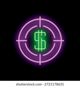 Signo de neón de un objetivo que apunta a un signo de dólar, que representa el concepto de objetivos financieros