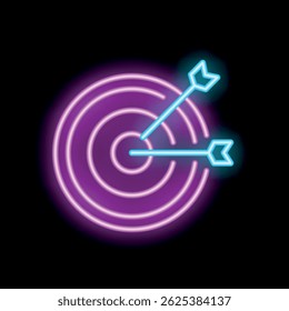 Neon sign of a target with two arrows hitting the center on a black background
