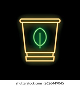 Neonzeichen einer Teetasse mit einem Blattlogo, das auf schwarzem Hintergrund leuchtet