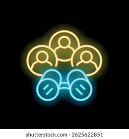 Signo de neón de un equipo usando binoculares, que representa el concepto de búsqueda de oportunidades, exploración de nuevos horizontes y trabajo en equipo
