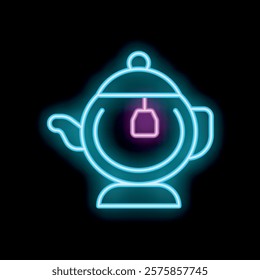 Neon sign of a teapot with a teabag, glowing on a dark background