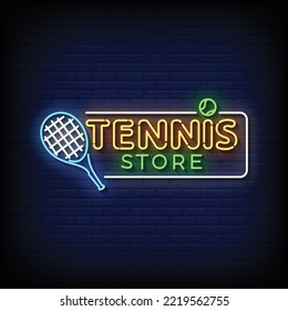 Neon Sign Tennis Store With Brick Wall Background Vector