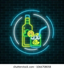 Neon sign of tequila bar with bottle and drink in glass in circle frames. Mexican alcohol drink pub emblem in neon style