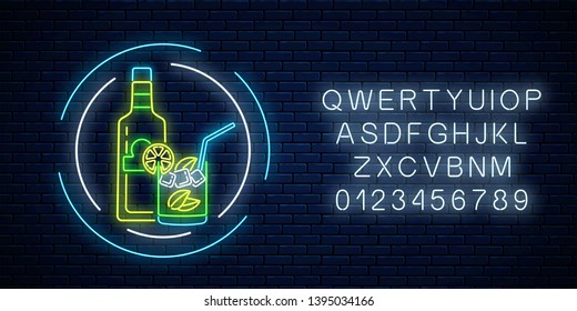 Neon sign of tequila bar with bottle and drink in glass in circle frames with alphabet on dark brick wall background. Mexican alcohol drink pub emblem in neon style. Vector illustration.