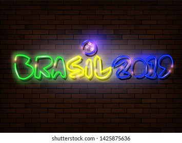 Neon sign text brasil 2019 vector. Championship Conmebol Copa America 2019 in Brazil. Led light sign isolated on dark brick wall background. Bright banner for soccer, football concept 