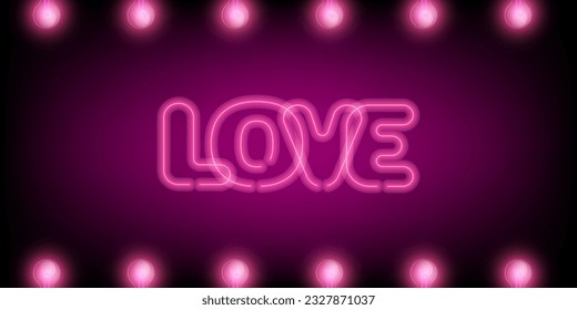 Neon sign text Love and row of glowing lamps