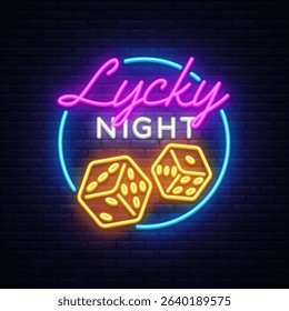 Neon sign with text Lycky Night and glowing dice, bright casino-style illustration with retro vibe, light pink, white and yellow typography on brick wall. Vector illustration