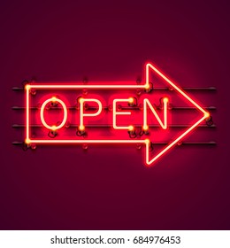 Neon sign with text open arrow, entrance is available. Vector illustration