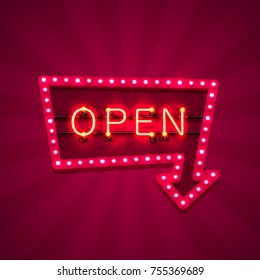 Neon sign with text open arrow, entrance is available. Vector illustration