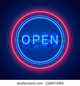 Neon sign with text open, entrance is available. Vector illustration