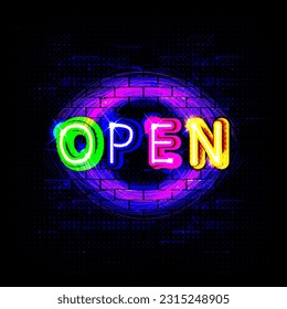 Neon sign with text open, entrance is available. Vector illustration