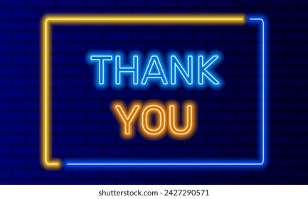 Neon sign thank you in speech bubble frame on brick wall background vector. Light banner on wall background. Thank you button gratitude and pleasure, design template, night neon signboard