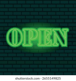 A neon sign that says Open. There is a glowing signboard on the background of a brick wall. Vector drawing of the illumination of letters. Bright glowing lettering, sign, signboard.