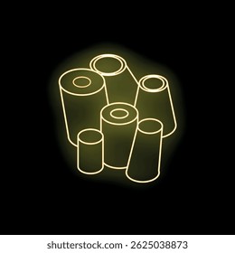 Neonzeichen von Fäden verschiedener Größen, glühendes gelbes Licht auf schwarzem Hintergrund