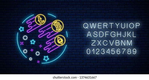 Neon sign of three crypto-currencies that are growing up very fast. Cryptocurrency grow emblem with star shapes in circle frame with alphabet on dark brick wall background. Vector illustration.