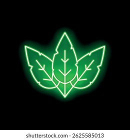 Neon sign of three green leaves glowing on a black background