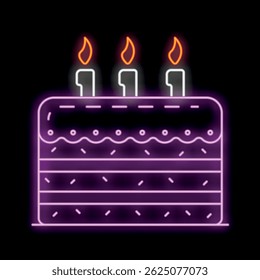 Neon sign of a three layer birthday cake with lit candles glowing purple and orange on a black background