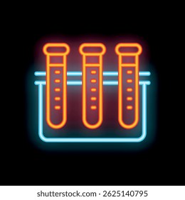 Neon sign of three test tubes in a lab, glowing brightly against a dark background