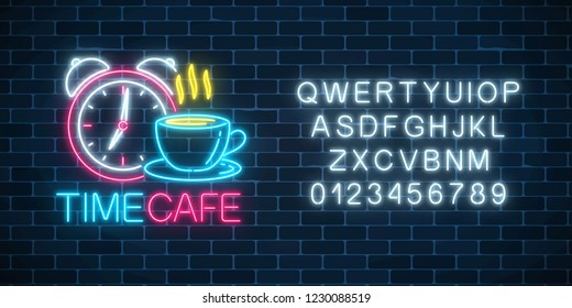 Neon sign of time-cafe with clock and coffee cup with alphabet on dark brick wall background. Glowing symbol of anti-cafe with text. Vector illustration.