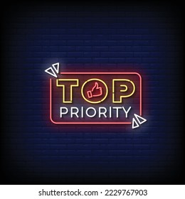 Neon Sign top priority with brick wall background vector