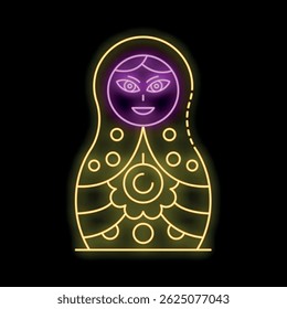 Neon sign of a traditional russian matryoshka doll glowing on a black background