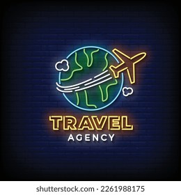 Neon Sign travel agency with brick wall background vector