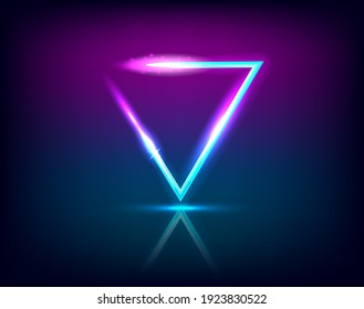 Neon Sign. Triangle Background. Glowing Electric Abstract Frame On Dark Backdrop. Light Banner With Glow. Bright Vector Illustration With Flares And Sparkles.