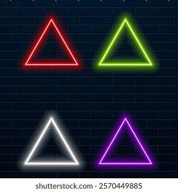 Neon sign. Triangle background. Glowing electric abstract frame on dark backdrop. Light flag with glow. Bright vector illustration with flares and sparkles