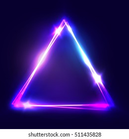 Neon sign. Triangle background. Glowing electric abstract frame on dark backdrop. Light banner with glow. Bright vector illustration with flares and sparkles.