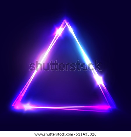 Neon sign. Triangle background. Glowing electric abstract frame on dark backdrop. Light banner with glow. Bright vector illustration with flares and sparkles.