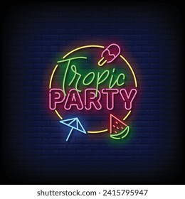 Neon Sign tropic party with brick wall background vector