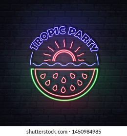 Neon sign tropic party with fluorescent watermelon. Vintage electric signboard.