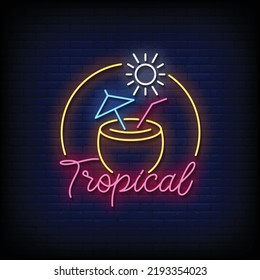 Neon Sign Tropical With Brick Wall Background