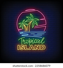 Isla tropical Neon Sign con vector de fondo de pared de ladrillo