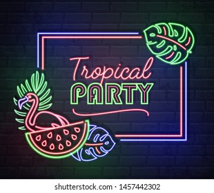 Neon sign tropical party with fluorescent tropic leaves, flamingo and watermelon. Vintage electric signboard.