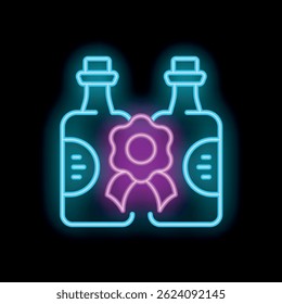 Neon sign of two bottles with a ribbon and badge glowing on a black background