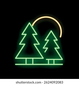 Neon sign with two coniferous trees under a crescent moon shining over them