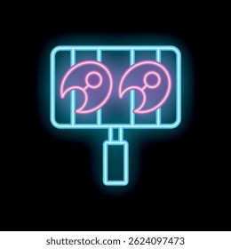 Neon sign of two fish steaks grilling on a griddle on a black background