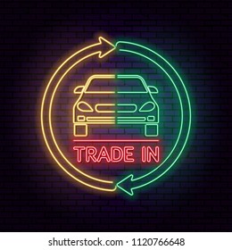 Neon sign. Two halves of the car with an exchange arrow against a dark background. Good bargain.Concept get prettier transactions it is made with the vehicle.The shining vector illustration for poster